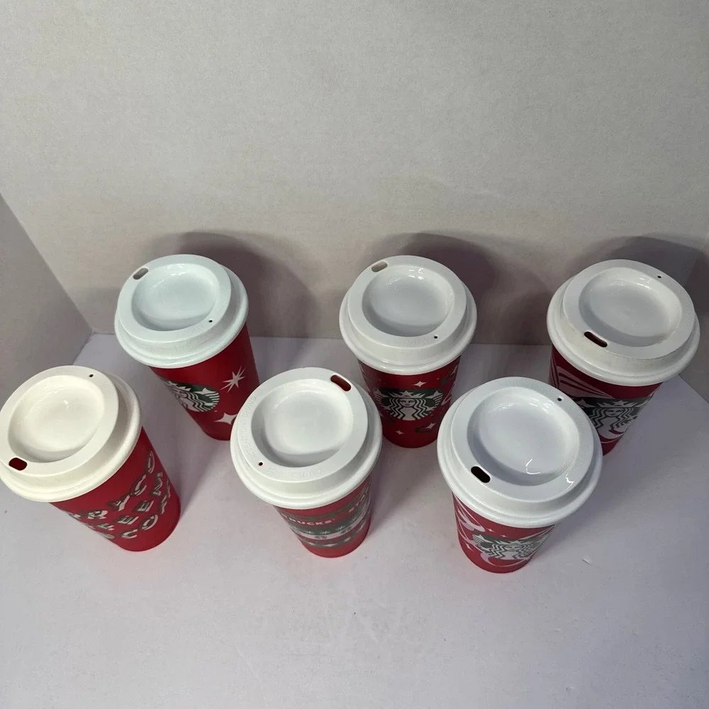 Starbucks Reusable Red Holiday Cups Set of 6 Christmas Festive Designs 16oz Lids